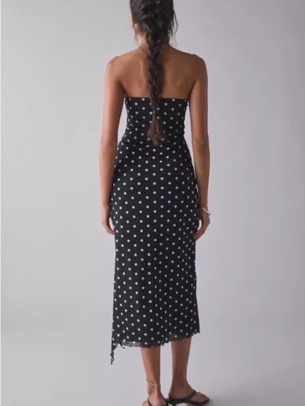 Urban Outfitters Black Strapless Polka Dot Midi Dress with Side Slit - Picture 2 of 4